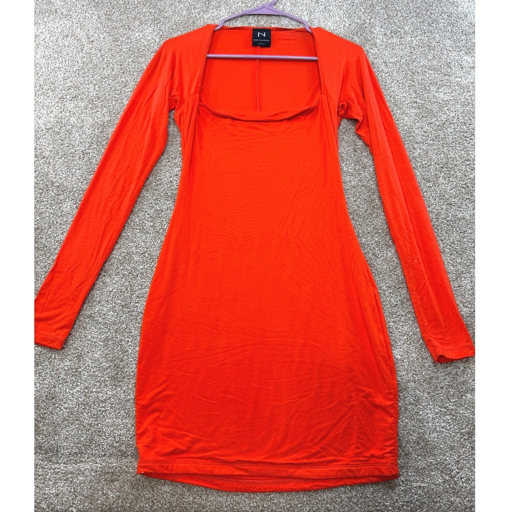 Naked Wardrobe Orange Square Neck Long Sleeve Bodycon Mini Dress Large Night Out
